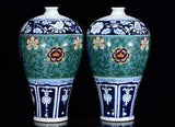 18.1" A pair Old Porcelain yuan dynasty Blue white colour peony flower Pulm Vase