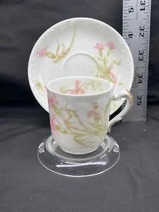 Demitasse Flat Tea Cup & Saucer Set Haviland Limoges Pink Carnations And Ribbons