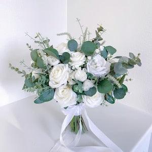 White Greenery Bouquet, Wedding Bouquet, White Boho Bouquets, Bridal Bridesmaids Bouquets, Spring & Summer Wedding, Rose, Eucalyptus