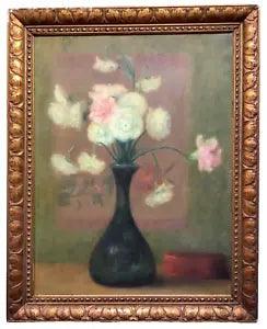 C.1912 Antique French Impressionism Bouquet of Carnations Oil on Canvas Framed