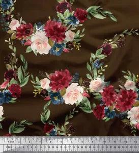 Soimoi Brown Cotton Poplin Fabric Ranunculus & Peony Floral Print-dMg
