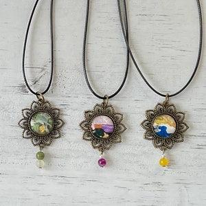 Medallion necklacesColour stainless steel watercolour and gold leaf glass cabochons semi-precious stones nylon rope jewelry
