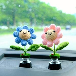 Pink/Blue Smiley Sunflower Car Dashboard Decor, Crochet Sunflower Bobblehead Car Interior Accessory, Car Accessories for Women, Car Diffuser