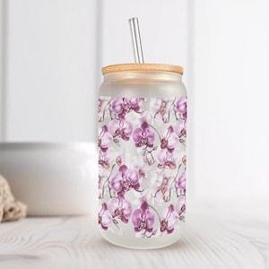 Beautiful Purple Orchids Frosted Glass Can with Bamboo Lid 16 Oz Floral Libbey Glass Cup by Mugzan