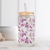 Beautiful Purple Orchids Frosted Glass Can with Bamboo Lid 16 Oz Floral Libbey Glass Cup by Mugzan