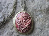 LILY OF THE VALLEY HAND PAINTED BURGUNDY CAMEO BRONZE LOCKET - MAROON, AUTUMN