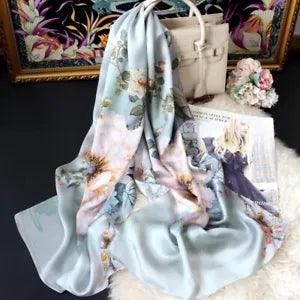 Peony Flower Print Pure Mulberry Silk Shawl Wrap Oblong Scarf 170*53cm Green