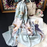Peony Flower Print Pure Mulberry Silk Shawl Wrap Oblong Scarf 170*53cm Green