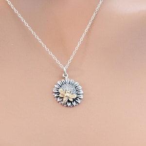Sterling Silver Sunflower Charm with Bronze Bee Necklace, Sterling Silver Sunflower Charm with Bee Necklace, Sunflower with Bee Necklace