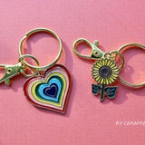 Rainbow Heart Keychain, Sunflower Keychain - Oil enamel Charm for Keys, Enamel Key charm, Sunflower Key Charm, Retro Bag Charm, Cute Vintage