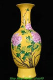 15.3" Yongzheng Marked Yellow Glazed Color Porcelain Peony Flower Bottle Vase
