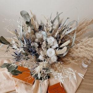 Scottish thistles & eternal english roses pampas grass boho bridal bouquet / wedding dried flowers