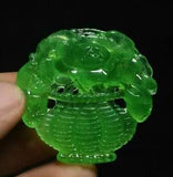 5CM Unique China Green Jade Carving Peony Flower Yubi Yu Bi Amulet Pendant