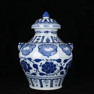20.9" Antique porcelain yuan dynasty Blue white peony flower double ear Jar pot