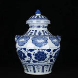 20.9" Antique porcelain yuan dynasty Blue white peony flower double ear Jar pot