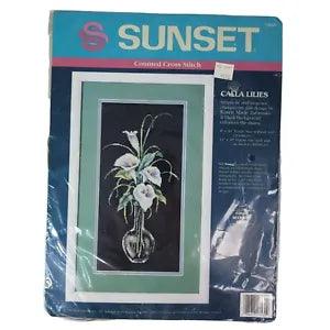 New Sunset Calla Lilies Counted Cross Stitch Kit Black Background 8"X16" #13569