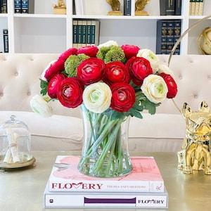Large Premium Finest Artificial Ranunculus Arrangement, Red/Ivory Ranunculus Centerpiece, Modern Dinner Table Centerpiece