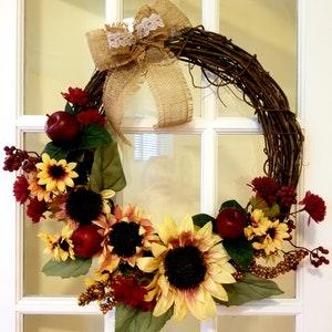 Sunflower fall Thanksgiving wreath with big sunflowers