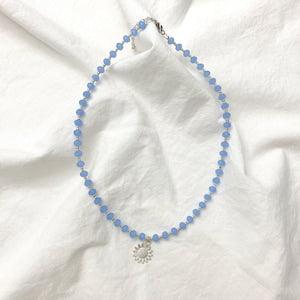 silver sunflower blue beaded necklace, glass beads, silver seed beads, boho hippie, summer, spring, floral, bead chain