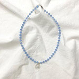 silver sunflower blue beaded necklace, glass beads, silver seed beads, boho hippie, summer, spring, floral, bead chain