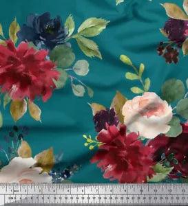 Soimoi Green Velvet Fabric Leaves & Peony Floral Printed Craft Fabric-x6Y