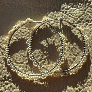 XLarge Light Pink White Gold Floral Flower Beaded Silver Plated Hoop Earrings Native Made