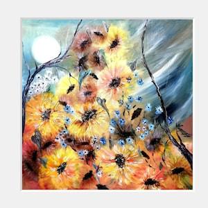 Sunflowers and Moon, original oil painting
