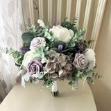 Wedding bouquet, dusty lavender bridal bouquet, gray hydrangea silk eucalyptus wedding flowers, purple bridesmaid flowers