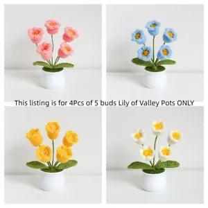 EverGo 4Pcs Handmade Crochet Kintting 5 buds Lily of the Valley Potted Plants