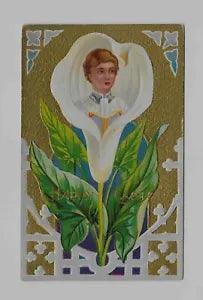 Vintage Postcard **  EASTER LILY WITH WOMAN'S HEAD INSIDE * 1910 * EMBOSSED
