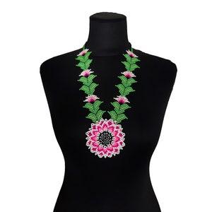 Beaded necklace, Pink flower necklace,  Flower necklace,