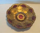 Antique Goofus Glass Bowl, Gold with Red Carnations, Scalloped Sawtooth Edges