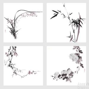 The Four Noble: Orchid Bamboo Chrysanthemum Plum Blossom  ?? Set of 4 Original Sumi-e Paintings in form of Enso Zen circle, feng shui art