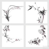 The Four Noble: Orchid Bamboo Chrysanthemum Plum Blossom  ?? Set of 4 Original Sumi-e Paintings in form of Enso Zen circle, feng shui art
