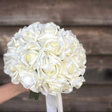 White Real Touch Roses 12"/30cm Bridal Wedding Bouquet, Bridesmaid Corsage ,Groom Bestman Boutonniere