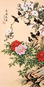 HANDPAINTED ORIGINAL ASIAN CHINESE WATERCOLOR PAINTING-Peony flower&Happy bird
