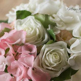 Hydrangea and rose bouquet, pink and white artificial floral arrangement out of cold porcelain