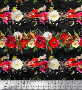 Soimoi Black Velvet Fabric Leaves & Ranunculus Floral Print Fabric-cK9