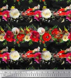Soimoi Black Velvet Fabric Leaves & Ranunculus Floral Print Fabric-cK9
