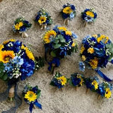 Wedding package with Royal Blue & sunflowers,Bridal bouquet,2 bridesmaid bouquets,1 groom boutonniere,4 groomsmen boutonni????res, 4 corsages