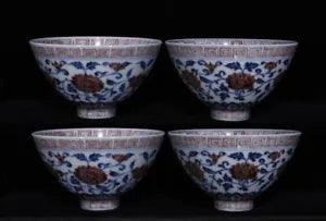 3.9" China Porcelain ming dynasty xuande 1 set Blue white red peony flower Bowl
