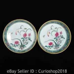 6.4" Qianlong Chinese Famille rose Porcelain Peony Flower Tray disc Pair