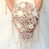 Rose gold Wedding Brooch Bouquet. Champagne ivory Cascade rose gold bouquet.