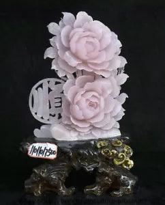 16.4"" China Natural Pink Xiu Jade Jadeite Carved Peony Flower Wealth Statue