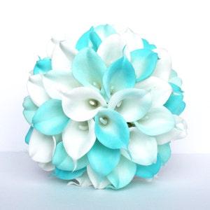 Turquoise Wedding Bouquet , Calla Lily Wedding Bouquet, Turquoise and White Bridal Bouquet