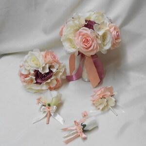 Wedding Silk Flower Bridal Bouquet 18 pieces Package Ivory Peach Dusty Mauve Rose  Bride Bridesmaids Boutonnieres Corsages New