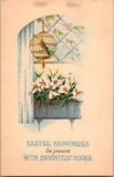 Vintage Postcard Easter Happiness Be yours 1932 Flowers, Lily With Bird in Cage
