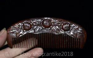 5.6 " Old Chinese Wood Carved Dynasty Woman Peony Flower Pattern Comb Statue