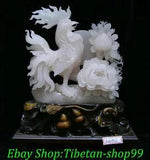 16" Fine Natural Xiu Pink Jade Carve 12 Zodiac Chickens Peony flower Statue