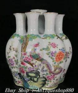 8" Daqing Guangxu Marked Famille Rose Porcelain Phoenix Peony Flower Vase Bottle